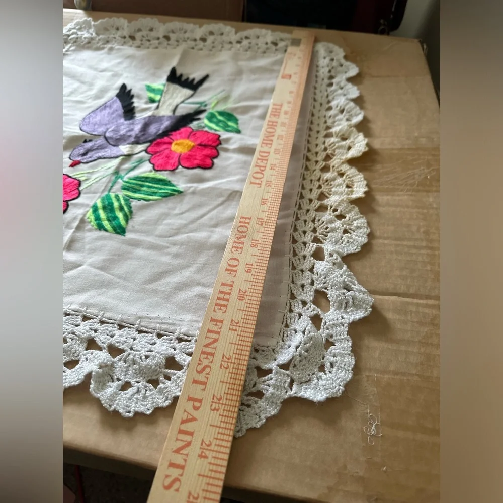 Embroidered Bird & Floral Lace Doily ⚠️ Stains 24 x 21 Large Piece